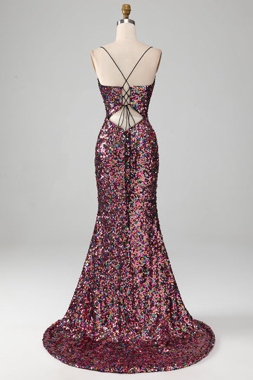 Purple Mermaid Sparkly Ball Dress with Slit
